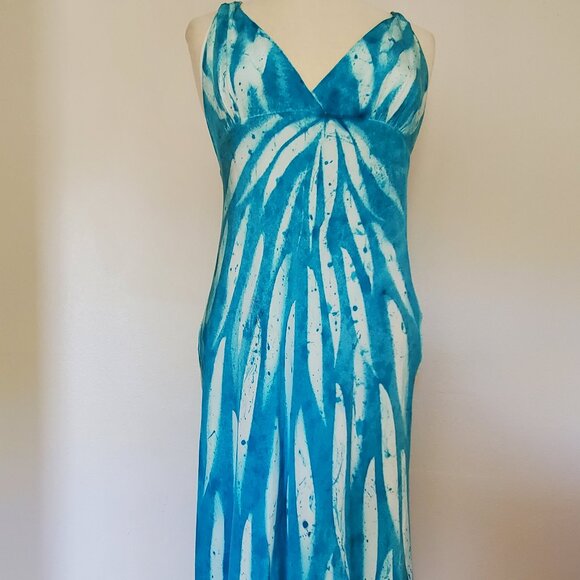 NEW Silk Short midi maxi halter summer Dress painted white blue beach resort 4 6 - Picture 1 of 12